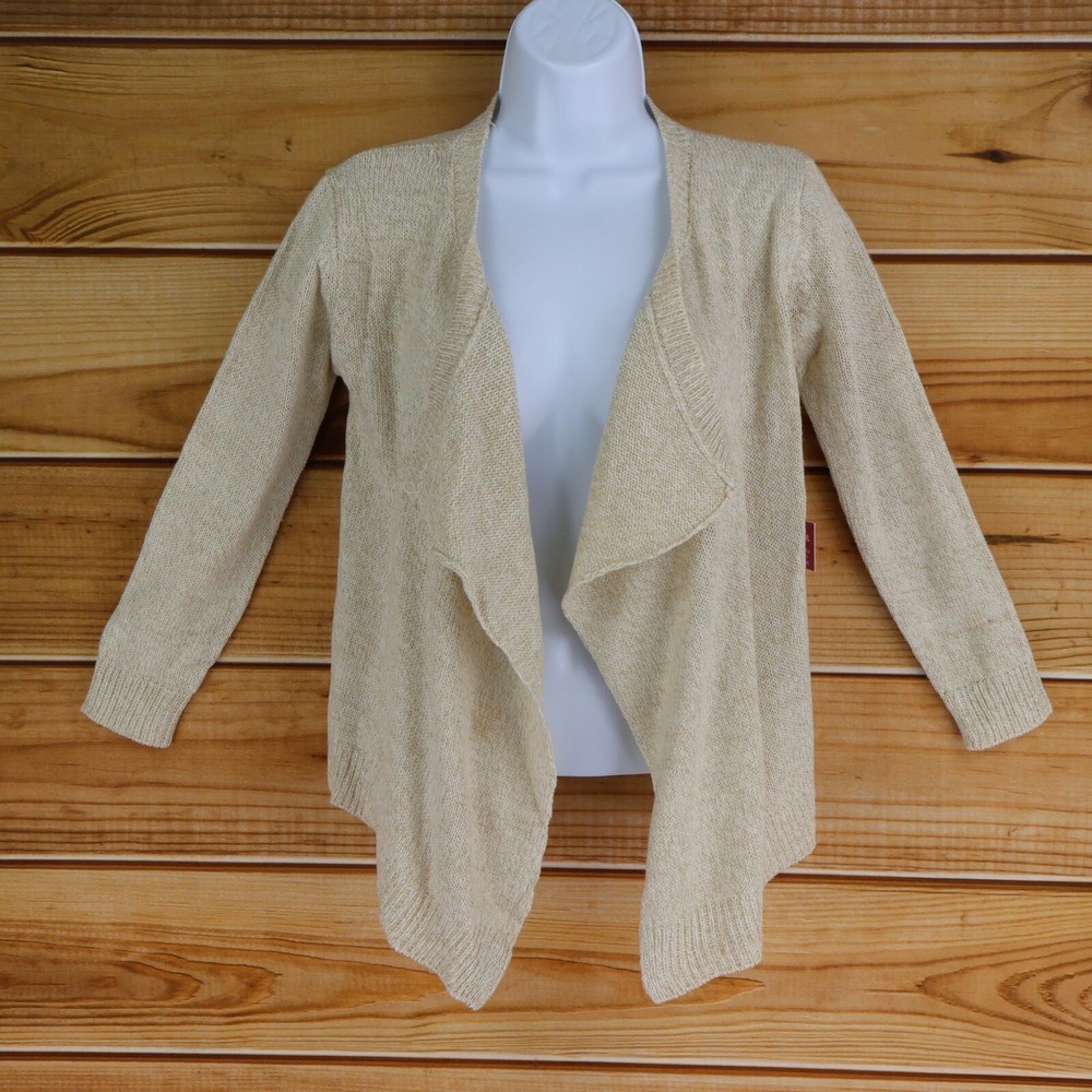 Poof Girl Cardigan Sweater Womens Size M Beige Cotton 3/4 Sleeves Open Front NWT